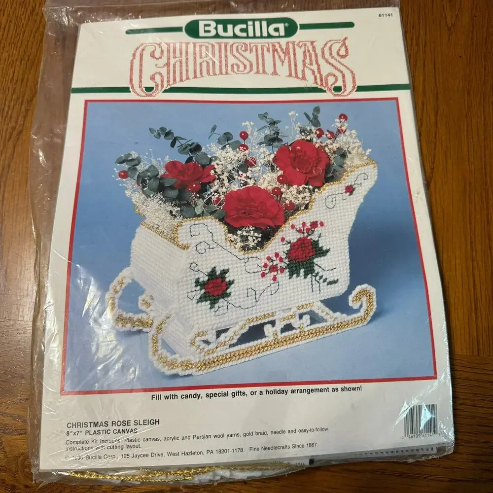 Vintage New in Package Bucilla Christmas Plastic Canvas Kit Floral Sleigh 1990